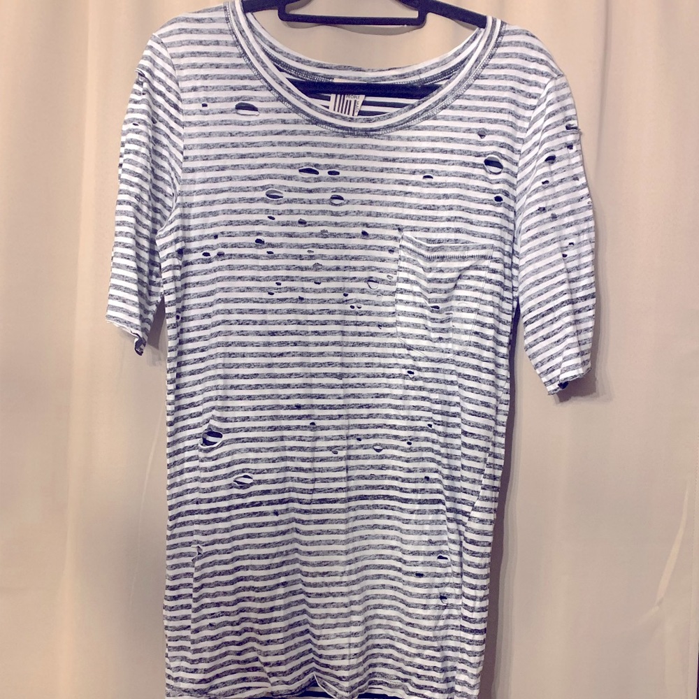 Free People Distressed Stripe Pocket Tee High Low, Slit, Hem